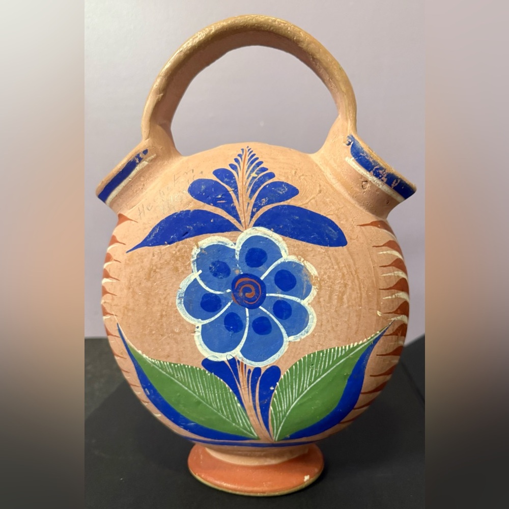 Hand-Painted Mexican Folk Art Terracotta Canteen Jug - Floral - 11.5"